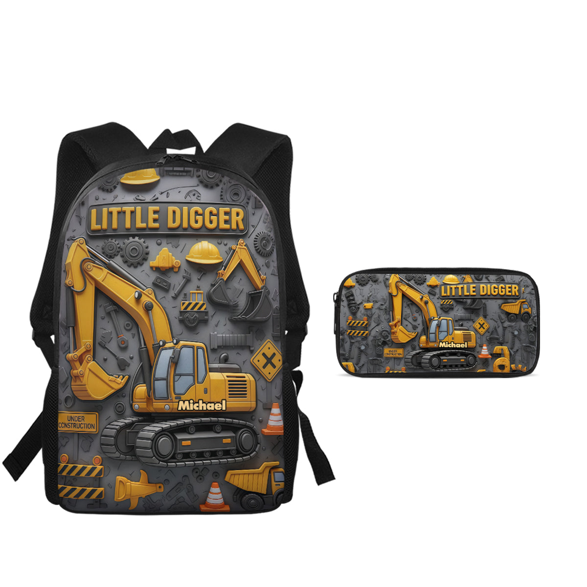 Littie Digger - Ensemble sac à dos, sac à goûter et trousse personnalisés pour enfant