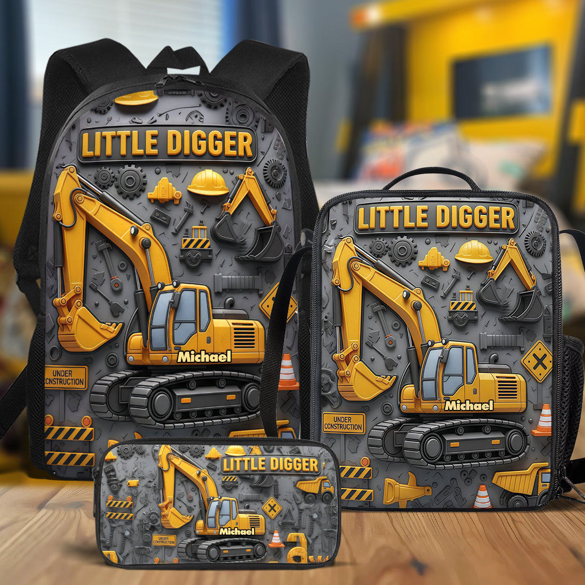 Littie Digger - Ensemble sac à dos, sac à goûter et trousse personnalisés pour enfant