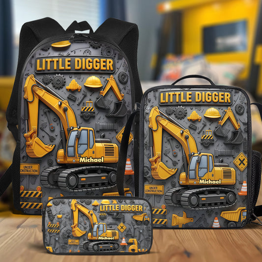Littie Digger - Ensemble sac à dos, sac à goûter et trousse personnalisés pour enfant