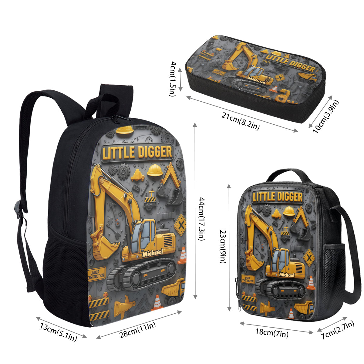 Littie Digger - Ensemble sac à dos, sac à goûter et trousse personnalisés pour enfant