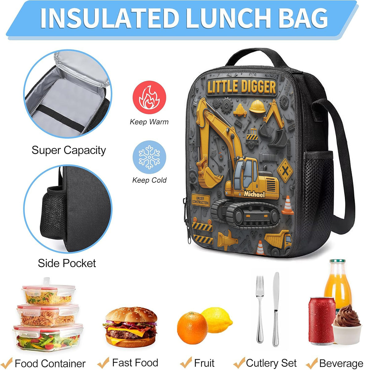 Littie Digger - Ensemble sac à dos, sac à goûter et trousse personnalisés pour enfant