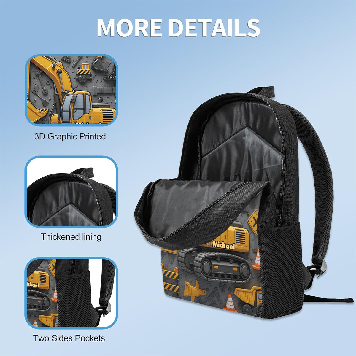 Littie Digger - Ensemble sac à dos, sac à goûter et trousse personnalisés pour enfant