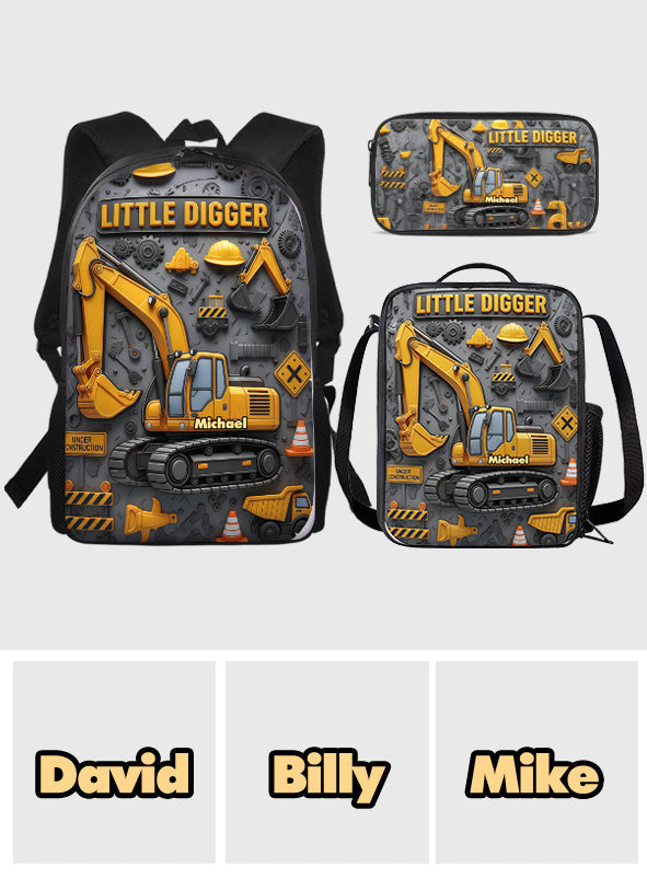 Littie Digger - Ensemble sac à dos, sac à goûter et trousse personnalisés pour enfant