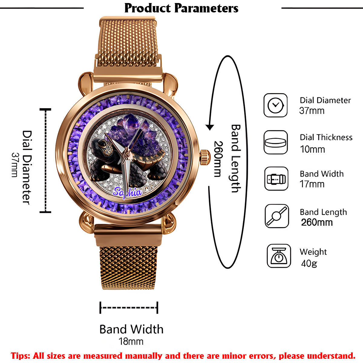 Montre-bracelet Tortue personnalisée pour femme, style Améthyste/Quartz rose/Rubis/...
