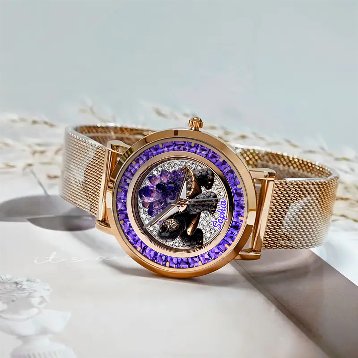 Montre-bracelet Tortue personnalisée pour femme, style Améthyste/Quartz rose/Rubis/...