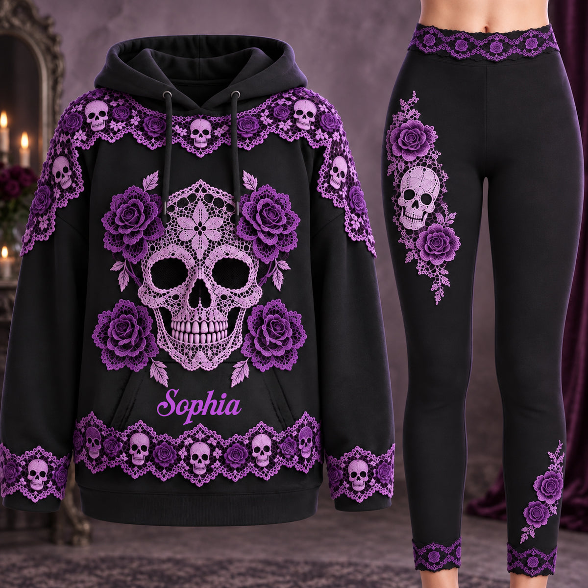Floral Skull - Personalized Skull Hoodie and Leggings