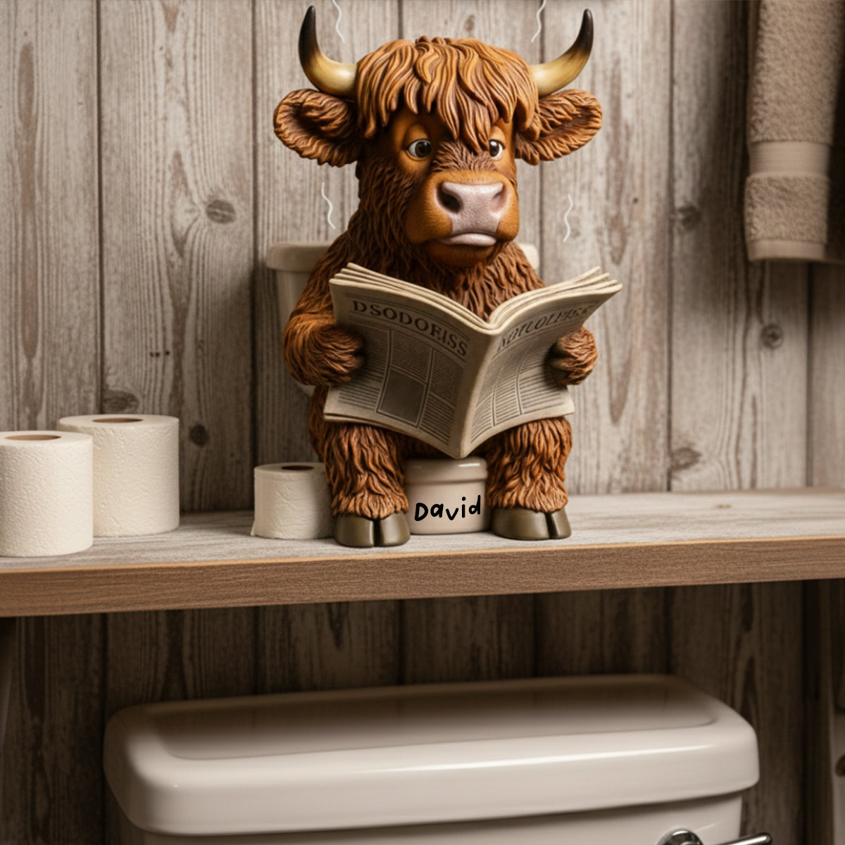 Witzige Badezimmerdeko – Toiletteneimer mit Hochlandkuh-Motiv – Personalisierte Acrylplakette in Hochlandkuh-Form
