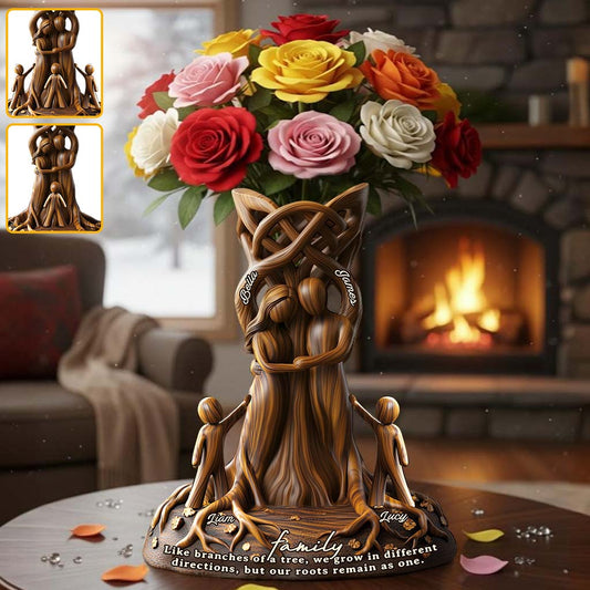 Unsere Wurzeln bleiben vereint – das perfekte Geschenk für Ihre Familienmitglieder: personalisierte Acryl-Blumenvase in individueller Familienform.