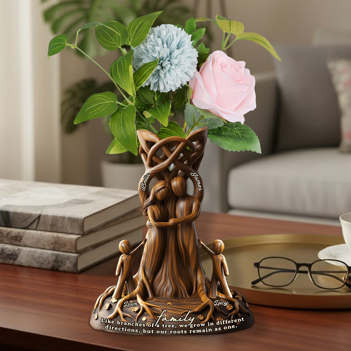 Nos racines demeurent unies. Un cadeau parfait pour vos proches : un vase à fleurs en acrylique personnalisé en forme de famille.