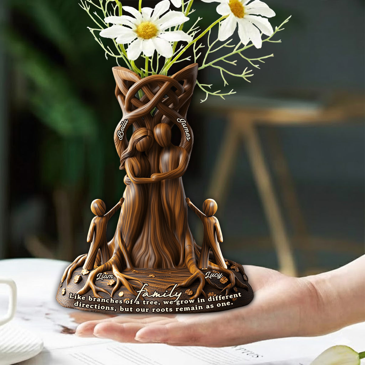 Nos racines demeurent unies. Un cadeau parfait pour vos proches : un vase à fleurs en acrylique personnalisé en forme de famille.