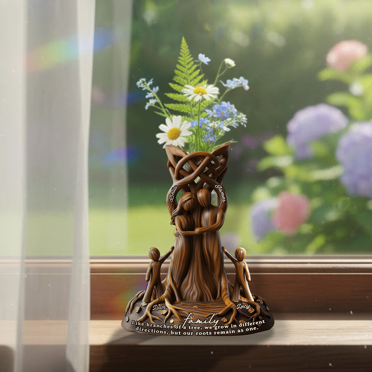 Nos racines demeurent unies. Un cadeau parfait pour vos proches : un vase à fleurs en acrylique personnalisé en forme de famille.