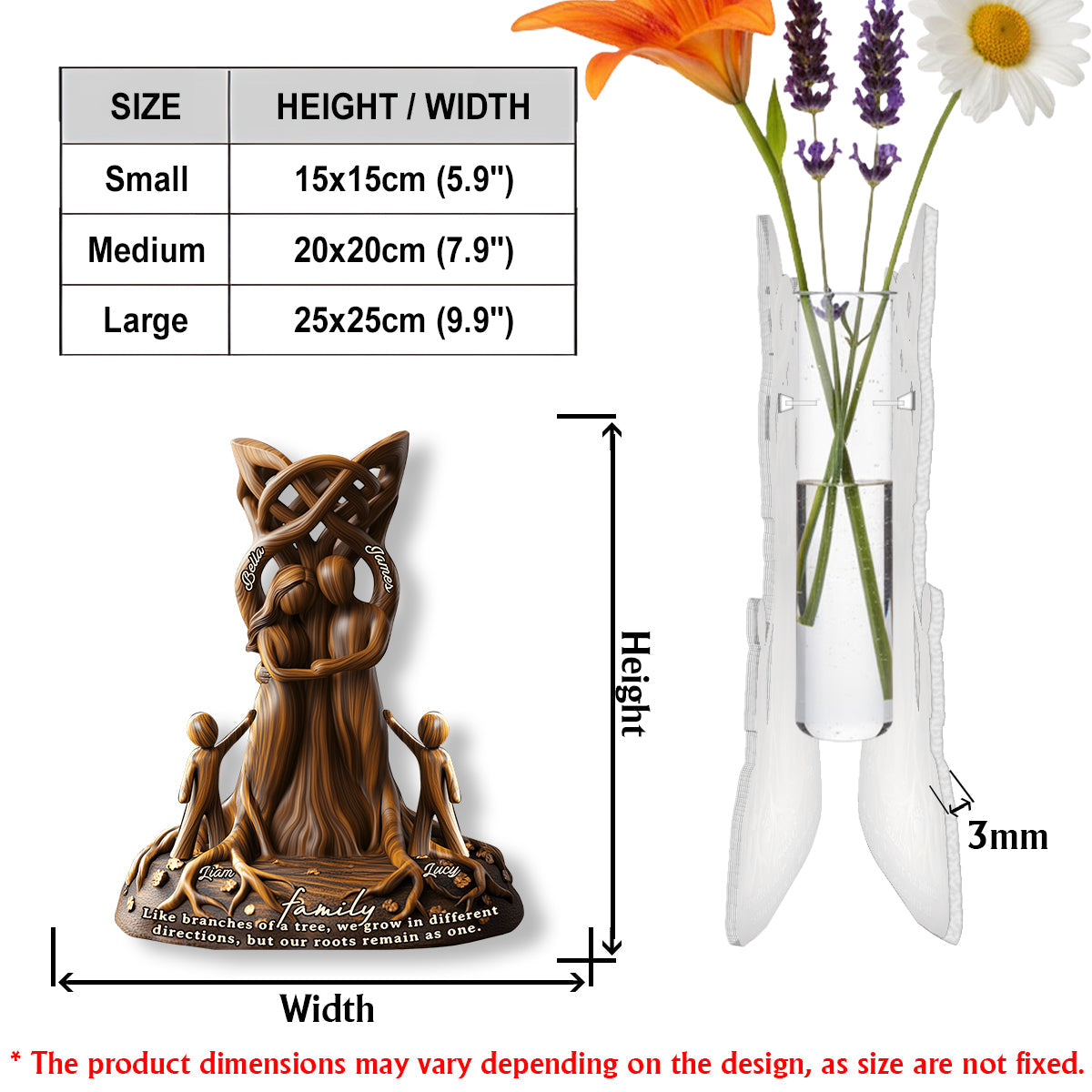 Nos racines demeurent unies. Un cadeau parfait pour vos proches : un vase à fleurs en acrylique personnalisé en forme de famille.