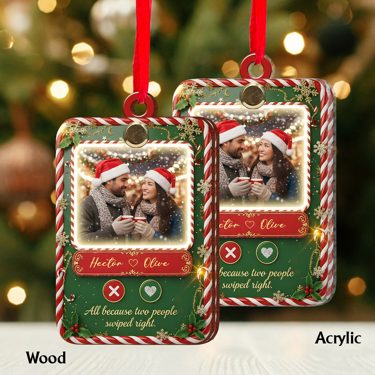 All Because Two People Swiped Right - Personalized Couple Flip Ornament