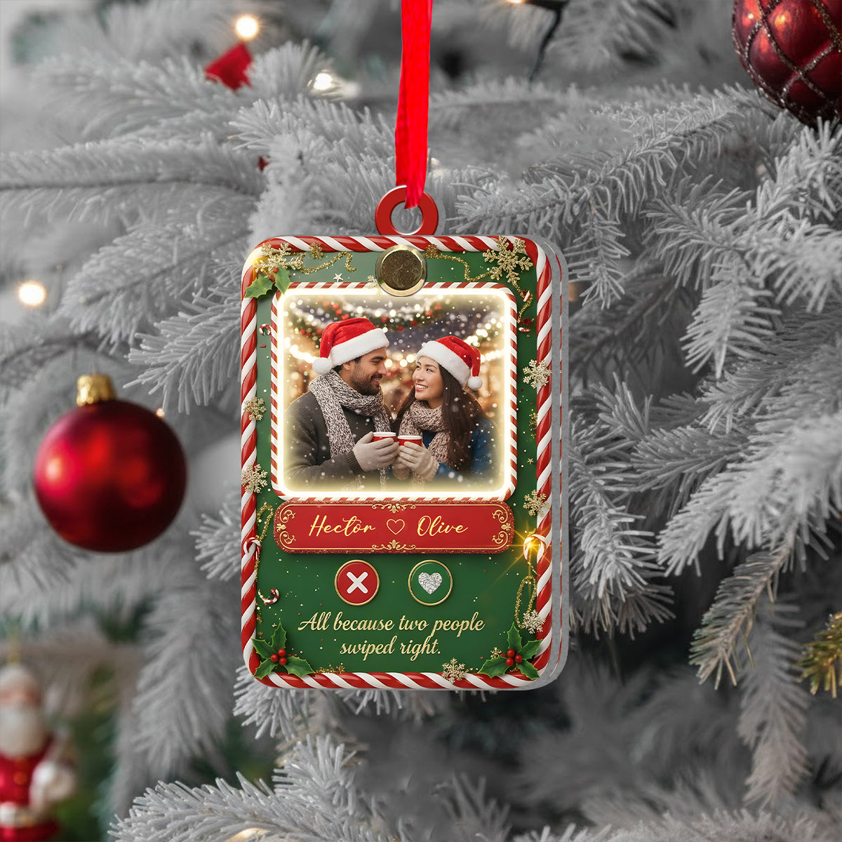 All Because Two People Swiped Right - Personalized Couple Flip Ornament