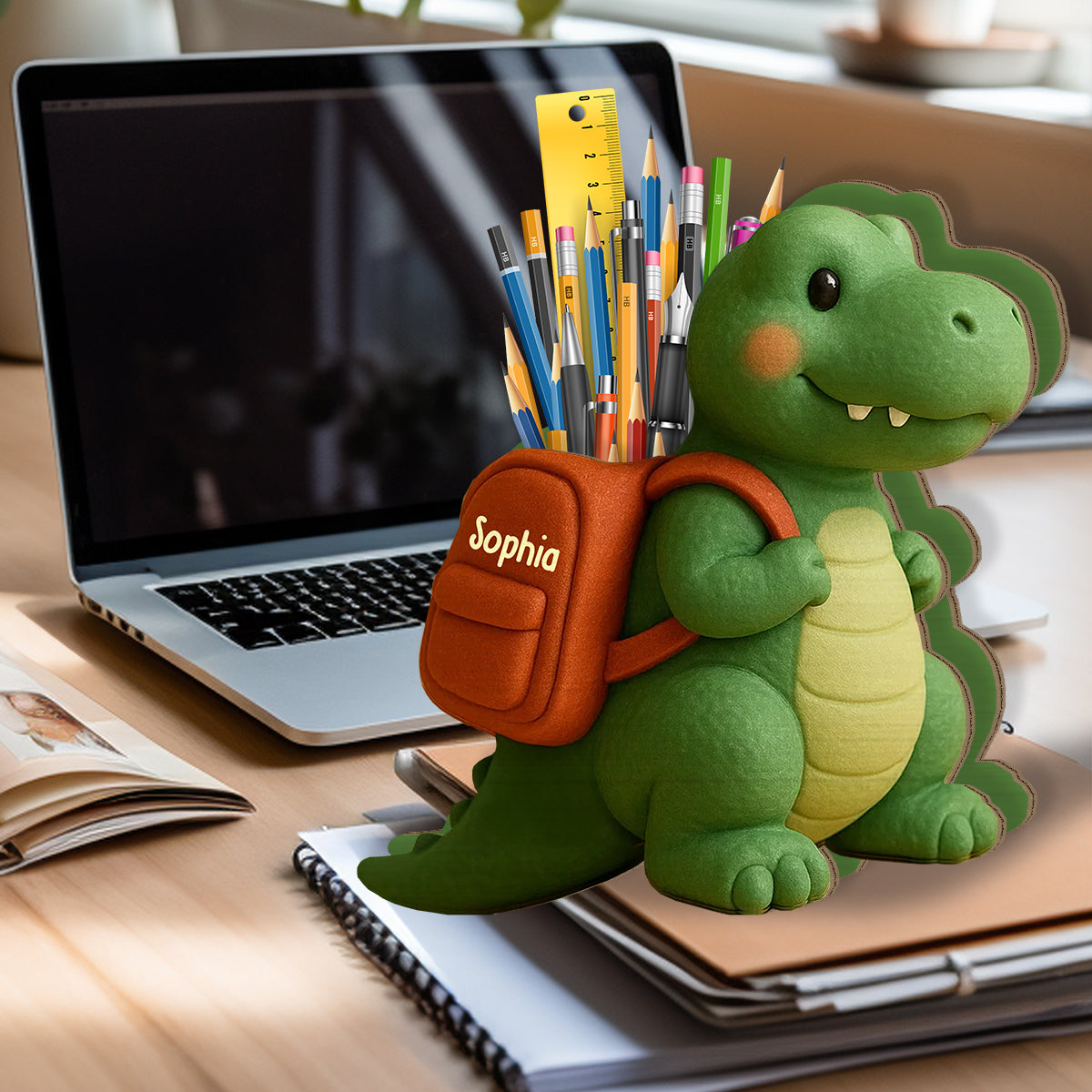 Porte-stylo en bois personnalisé pour enfant - Cadeau de rentrée scolaire dinosaure ludique - Porte-stylo en bois pour enfant