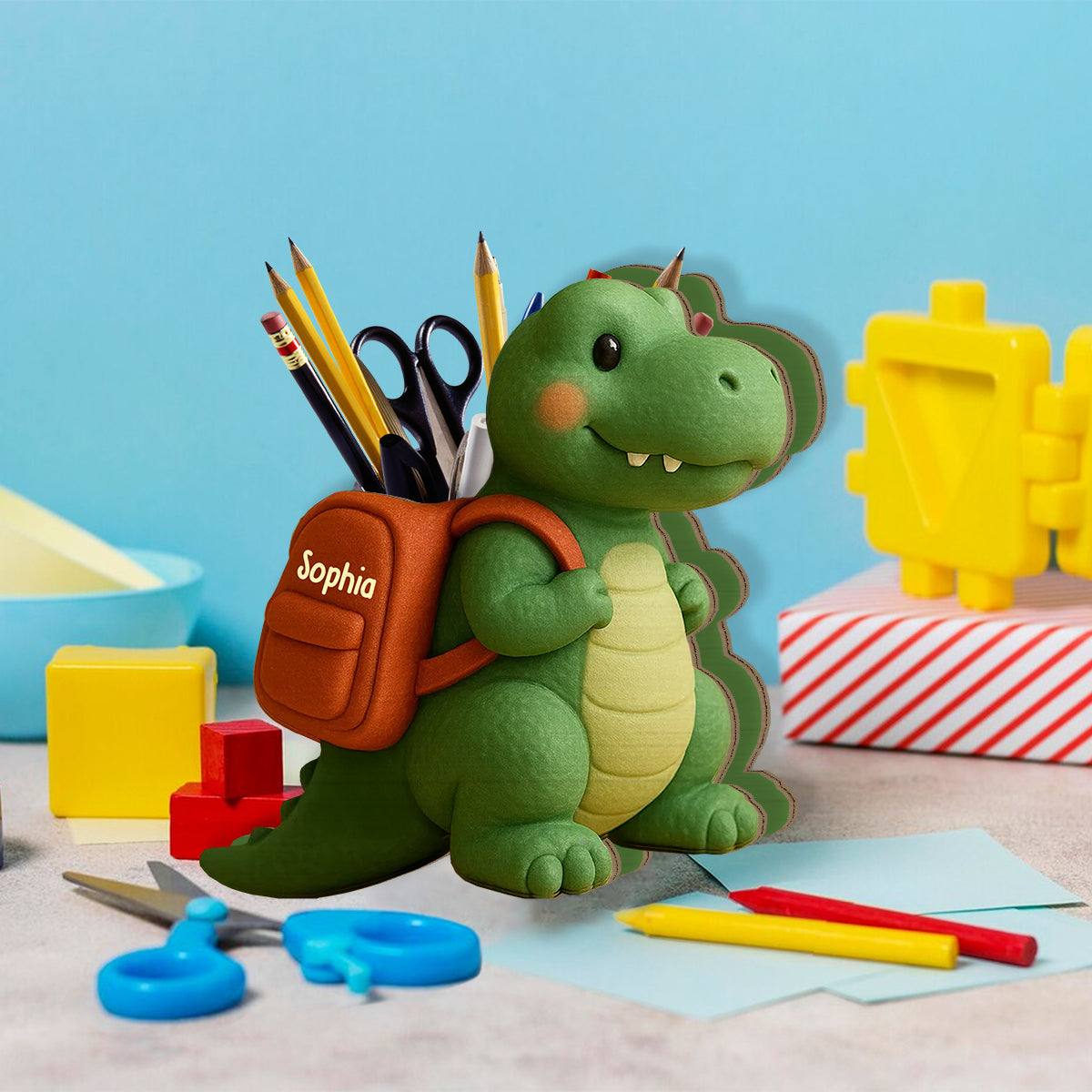 Porte-stylo en bois personnalisé pour enfant - Cadeau de rentrée scolaire dinosaure ludique - Porte-stylo en bois pour enfant