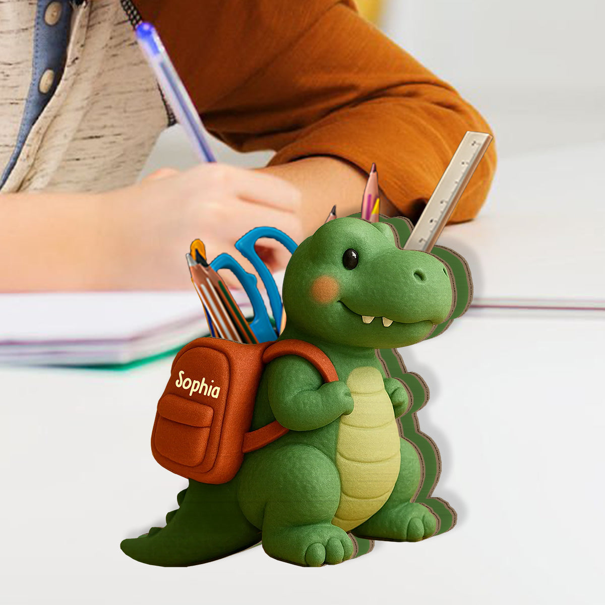 Porte-stylo en bois personnalisé pour enfant - Cadeau de rentrée scolaire dinosaure ludique - Porte-stylo en bois pour enfant
