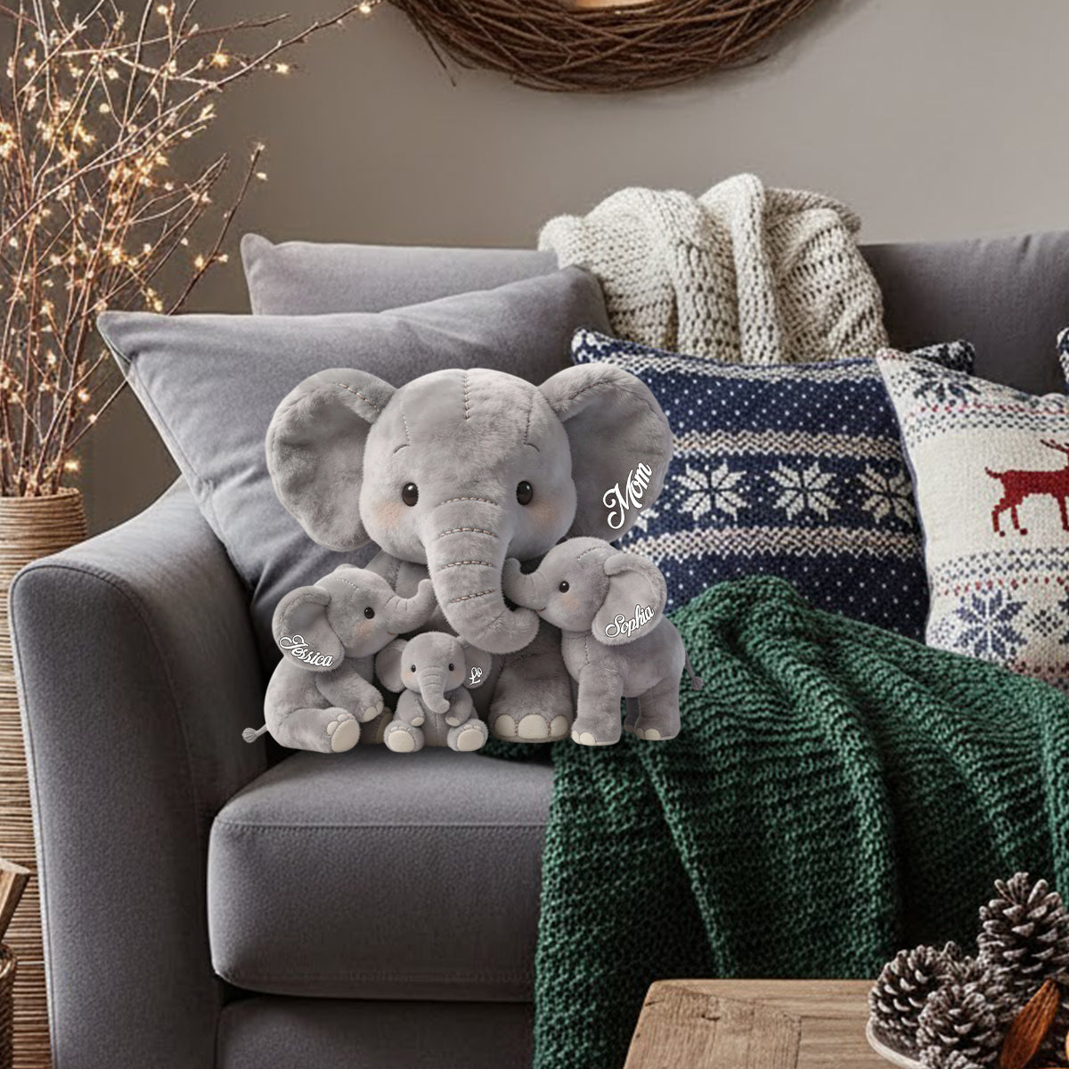 Mama Elephant - Personalized Mother Faux Fur Shaped Pillow