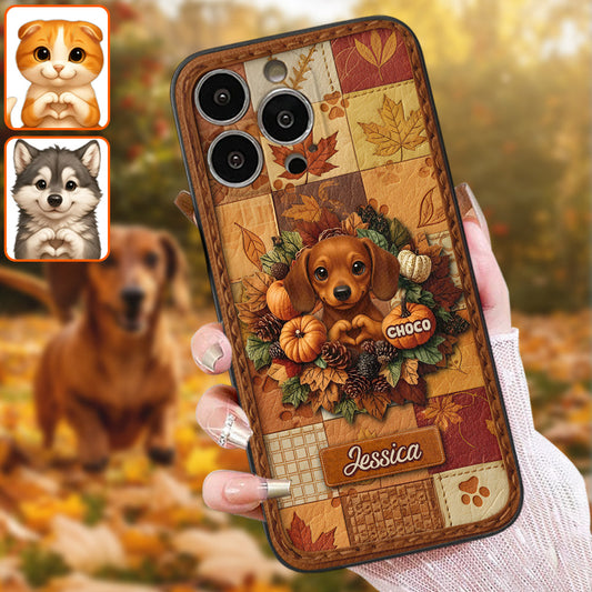 Willkommen Herbst – Personalisierte Handyhülle aus Leder mit Hundemotiv