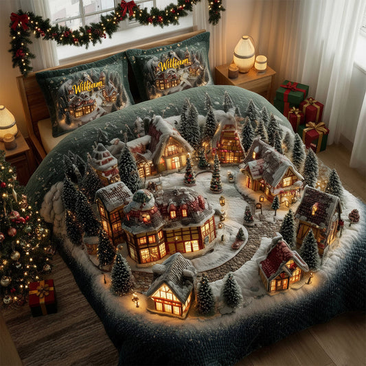 Weihnachtliches Winterdorf – Personalisiertes Weihnachtsquilt-Set