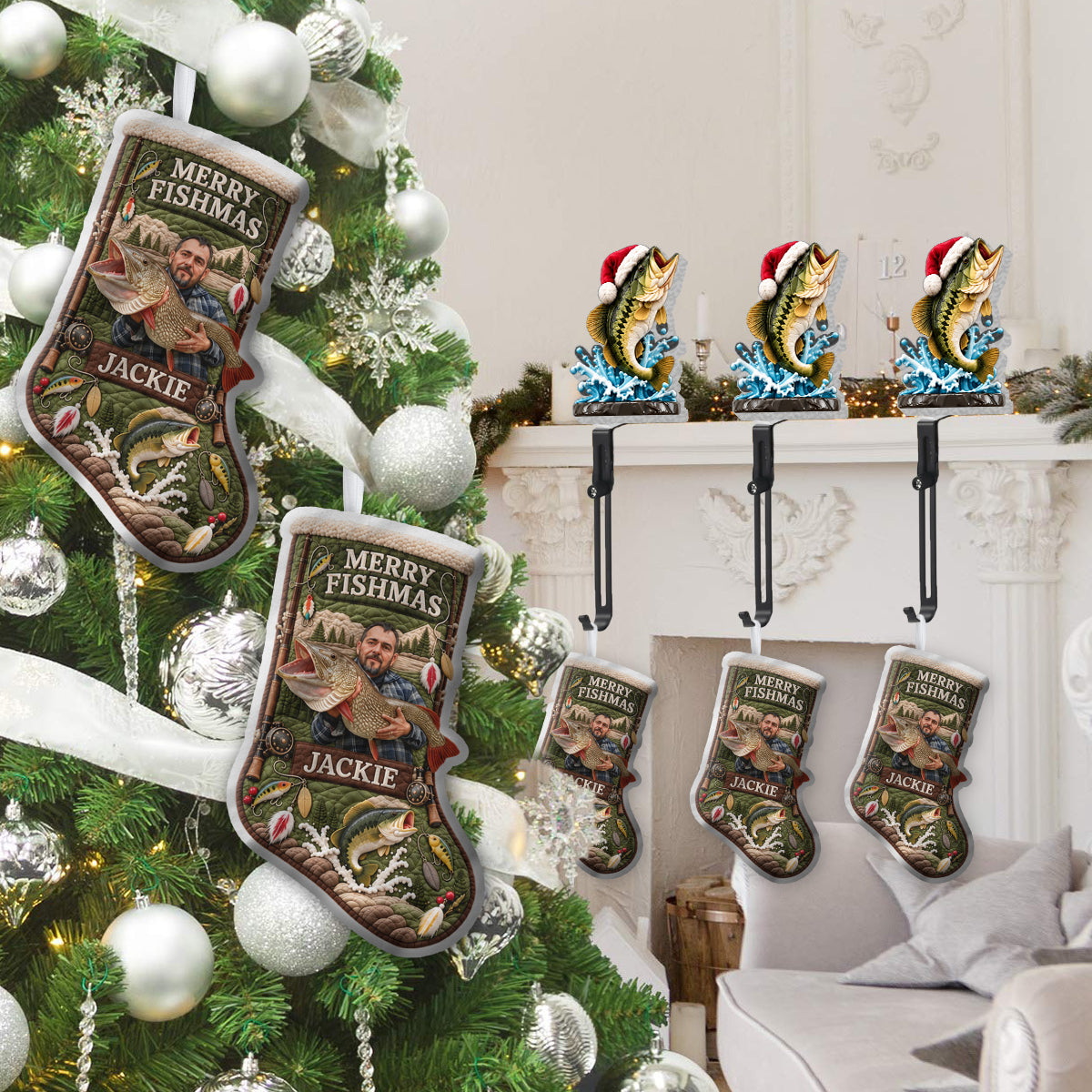 Frohe Fischmas Weihnachtsgeschenk für Angelliebhaber - Personalisierte Weihnachtsstrumpf mit Hänger