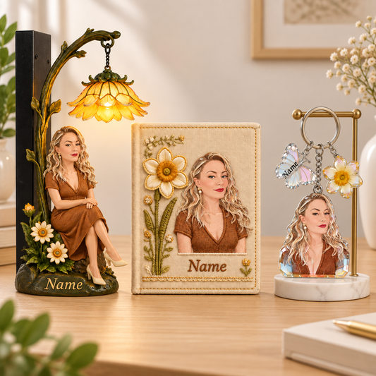 The Her Story Gift Set  - Personalized Bookshelf Lamp & Journal & Keychain With Charm