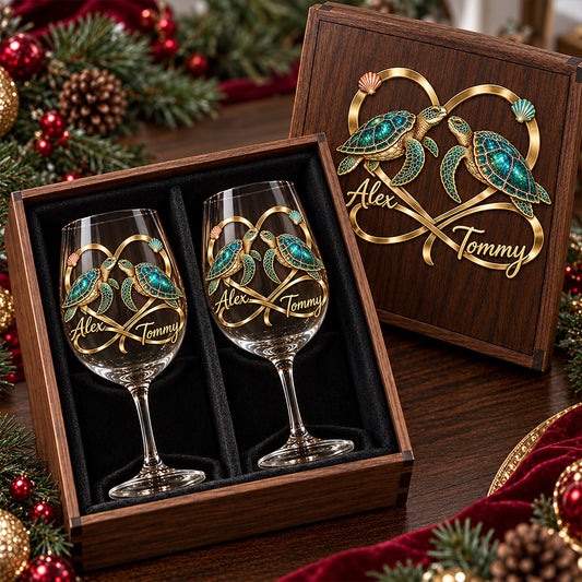 Couple de Tortues Amoureuses - Ensemble de Verres à Vin Personnalisés avec Boîte en Bois