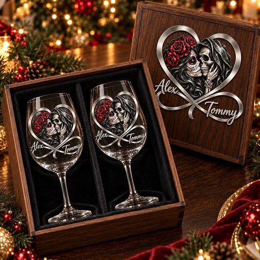 De Notre Premier Baiser À Notre Dernier Souffle - Ensemble de Verres à Vin Crâne Personnalisés Avec Boîte en Bois