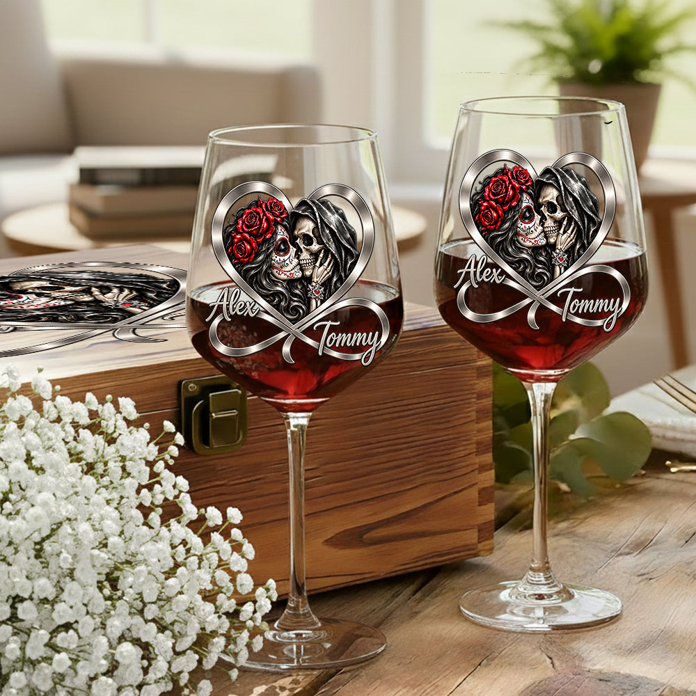 From Our First Kiss Till Our Last Breath - Personalized Skull Wine Glasses Set With Wooden Box