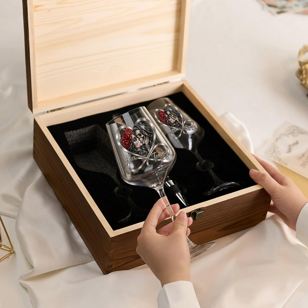From Our First Kiss Till Our Last Breath - Personalized Skull Wine Glasses Set With Wooden Box
