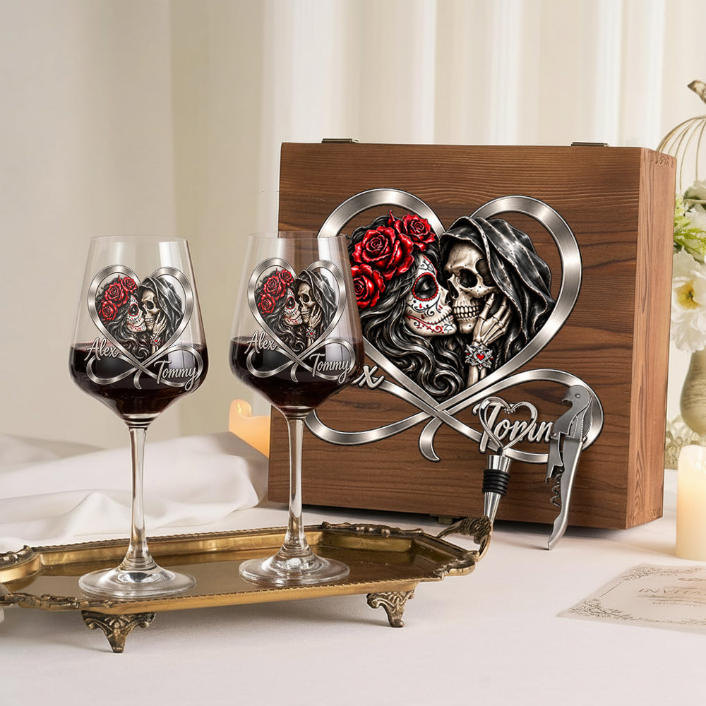 From Our First Kiss Till Our Last Breath - Personalized Skull Wine Glasses Set With Wooden Box
