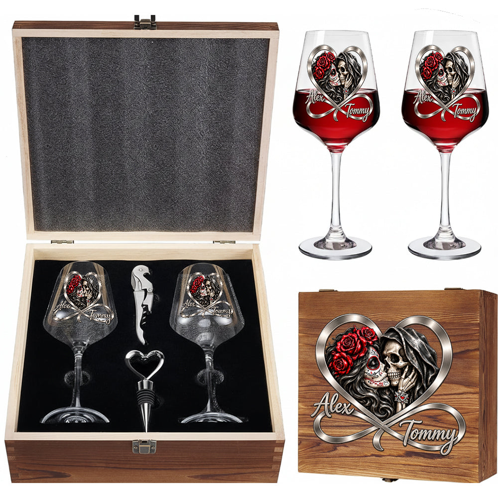 From Our First Kiss Till Our Last Breath - Personalized Skull Wine Glasses Set With Wooden Box