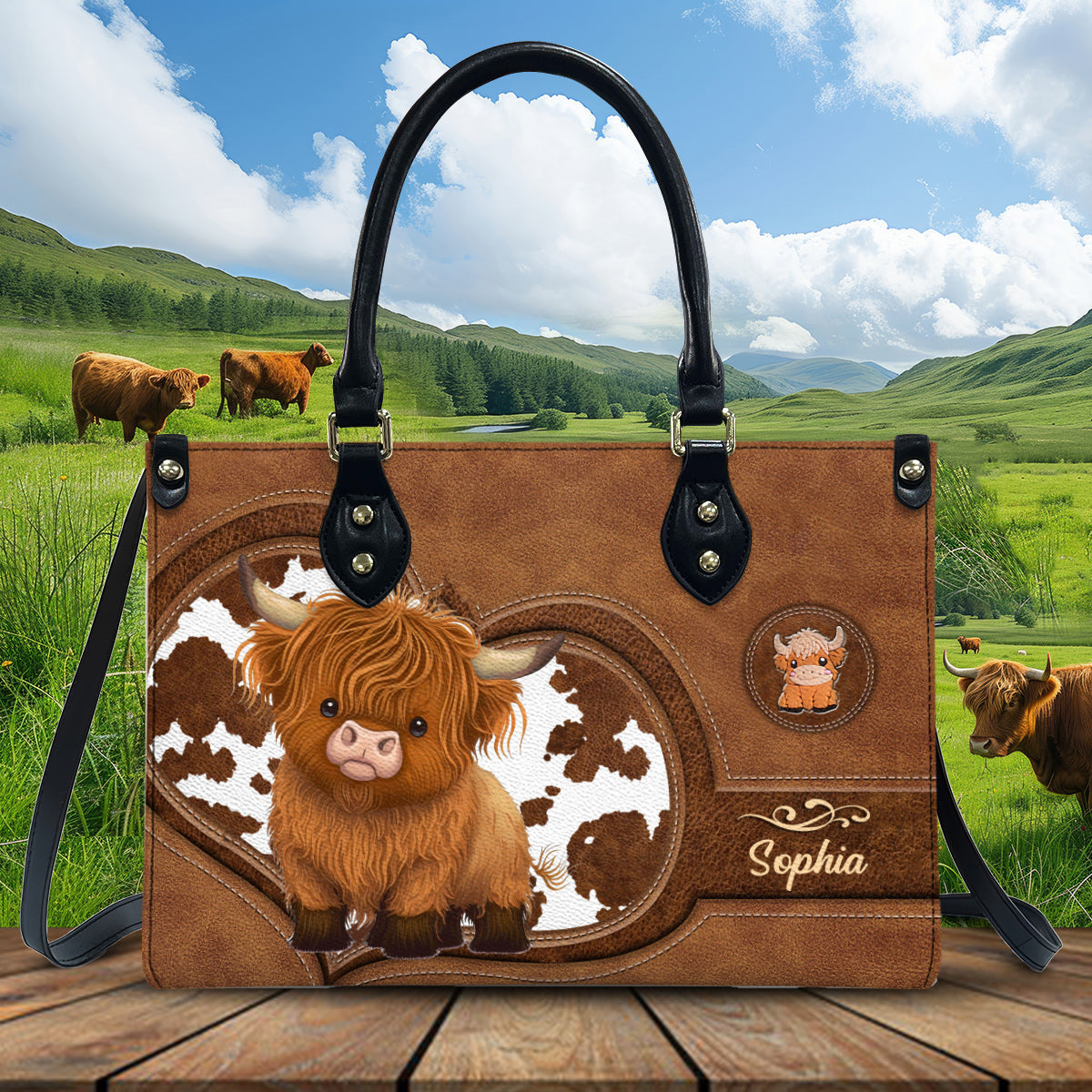 Niedliche Hochlandkuh – Personalisierte Handtasche aus Hochlandrindleder