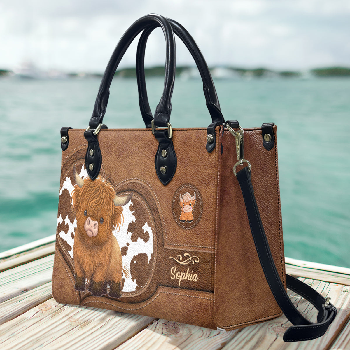 Niedliche Hochlandkuh – Personalisierte Handtasche aus Hochlandrindleder