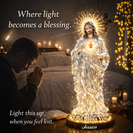 Heiliges Herz Jesu, Gott segne dich – Personalisierte christliche LED-Nachtleuchte aus Acryl