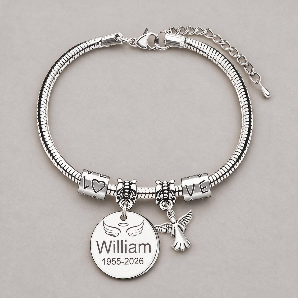 Personalized Angel Wing Memorial Charm Bracelet, Custom Name & Date Sympathy Gift