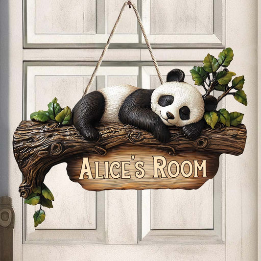Cute Panda Bedroom Sign - Personalized Panda Lover Custom Shaped Wood Sign