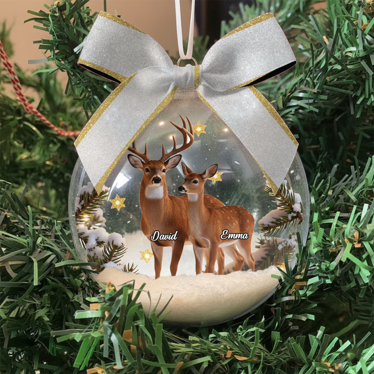 Couple Gifts Buck And Doe - Personalized Couple Snow Globe Ornament With Bow