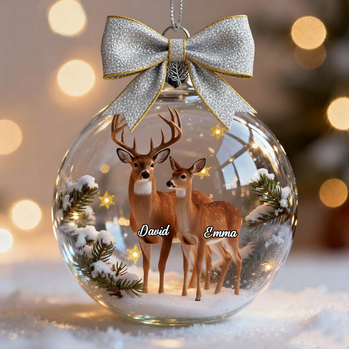 Couple Gifts Buck And Doe - Personalized Couple Snow Globe Ornament With Bow