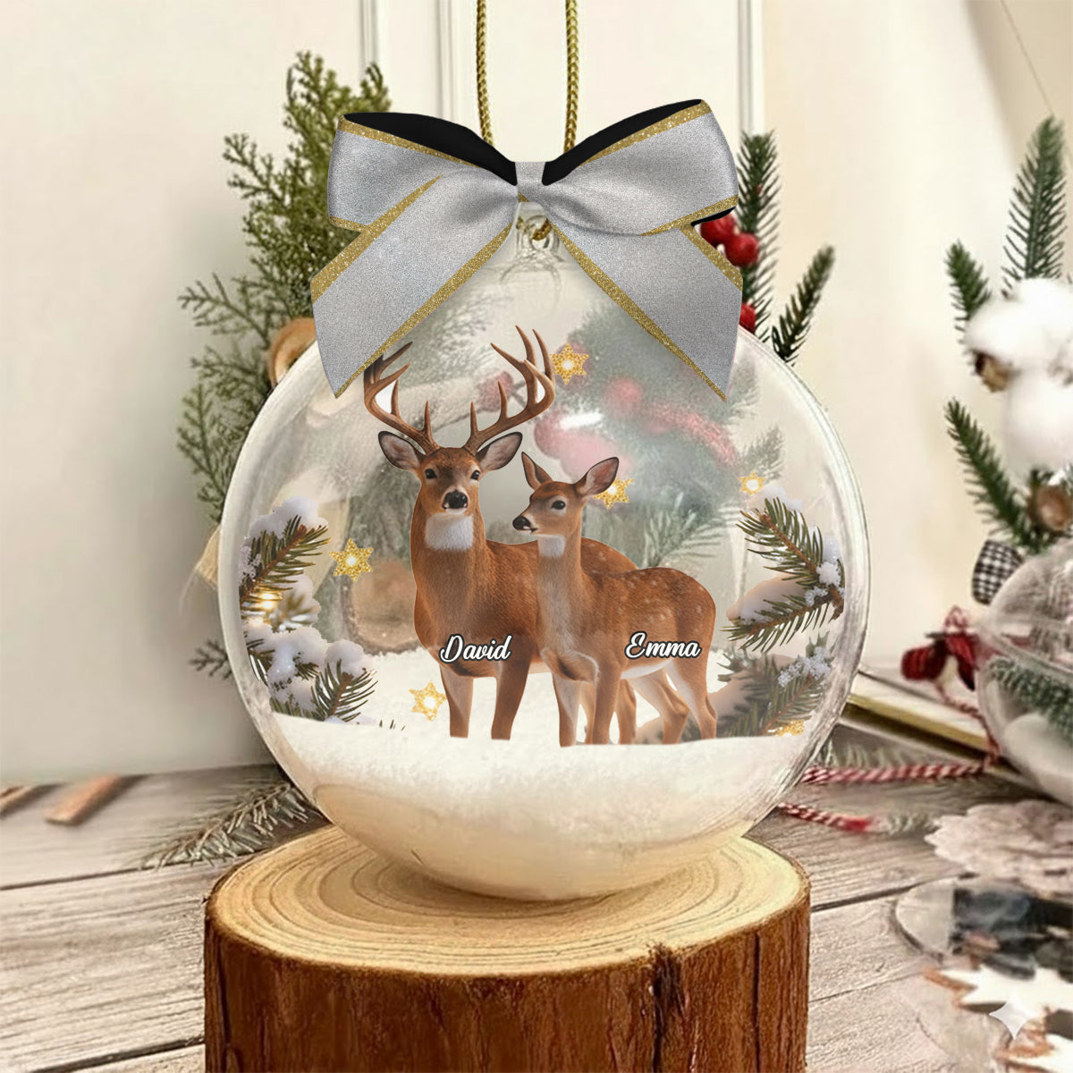 Couple Gifts Buck And Doe - Personalized Couple Snow Globe Ornament With Bow