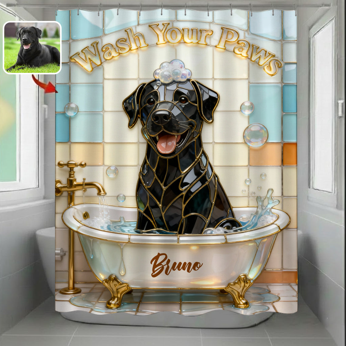 Ensemble rideau et tapis de bain personnalisés pour chien « Lave ta patte »