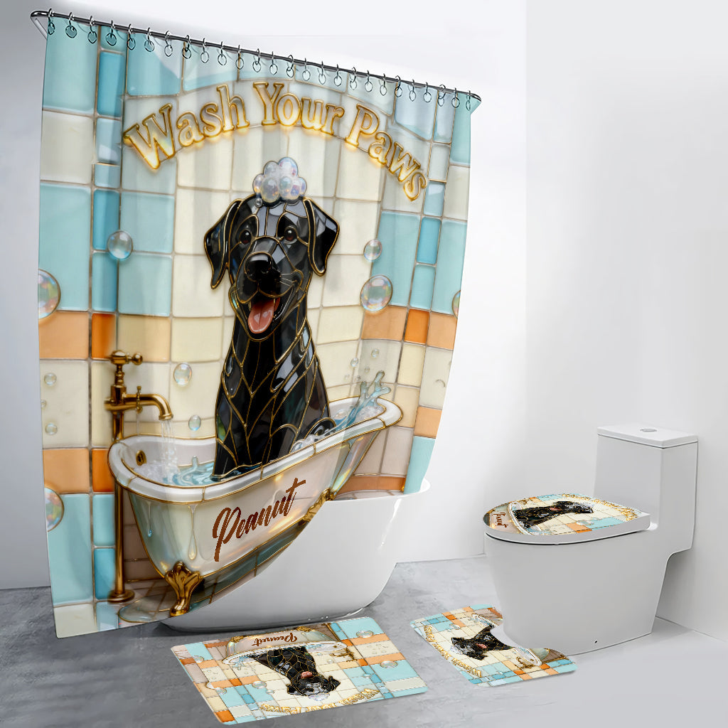 Ensemble rideau et tapis de bain personnalisés pour chien « Lave ta patte »