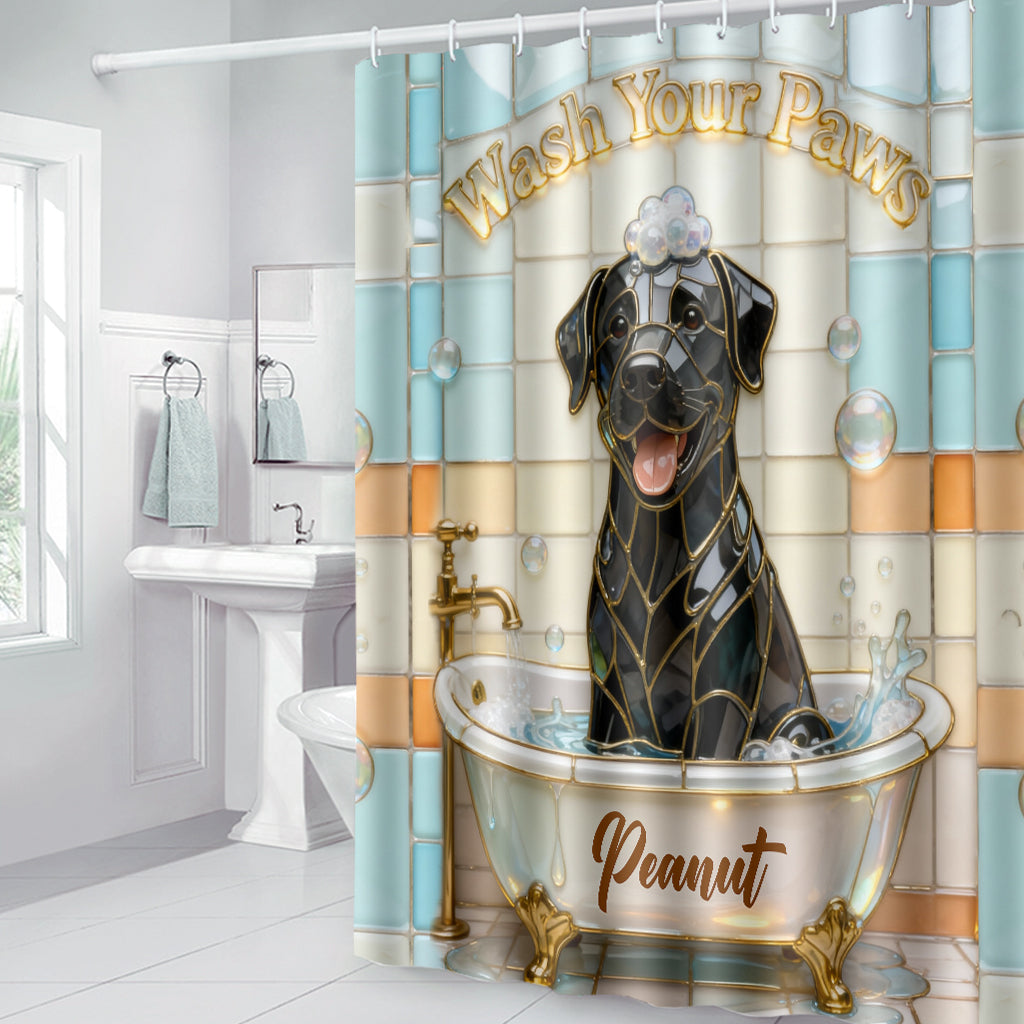 Ensemble rideau et tapis de bain personnalisés pour chien « Lave ta patte »