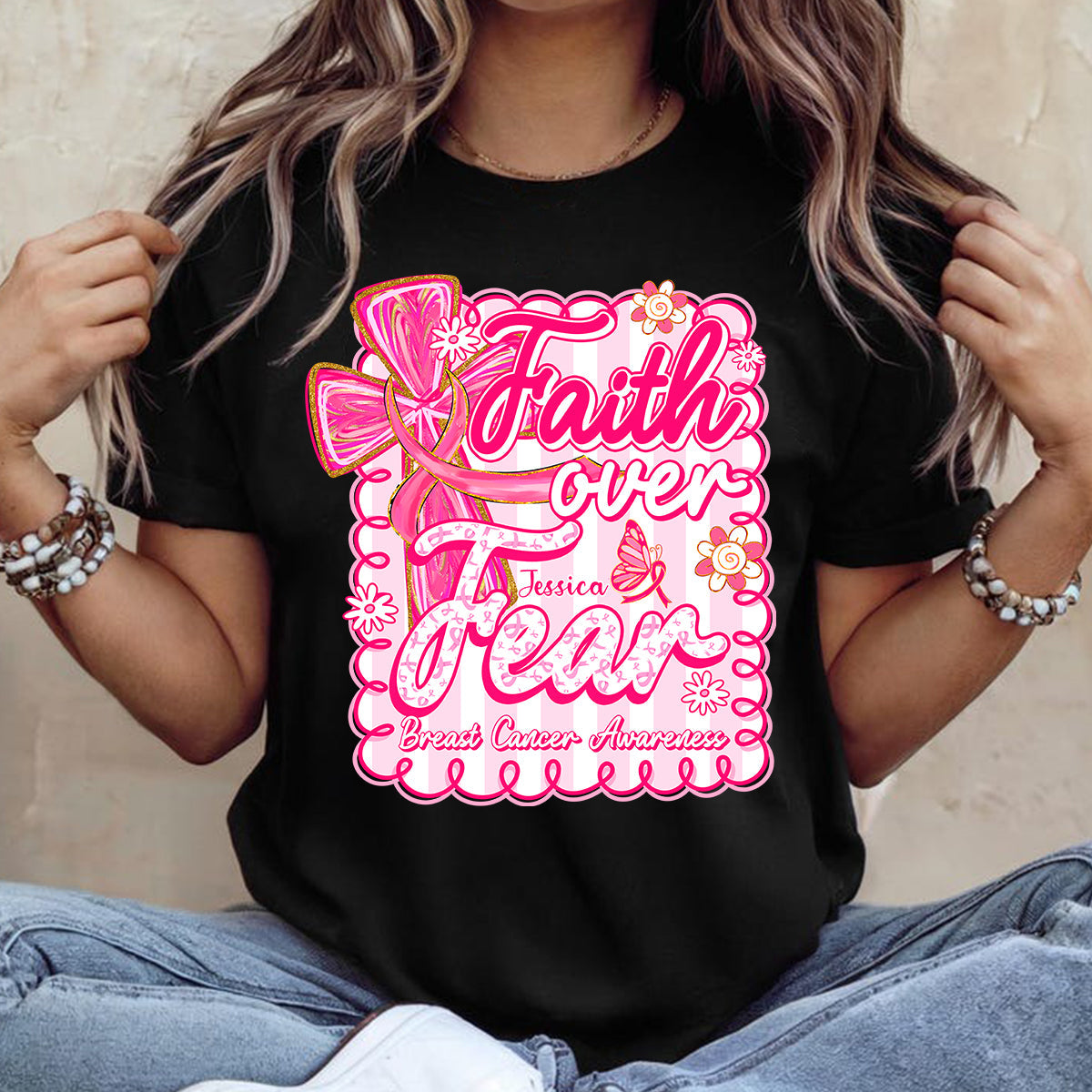 Preppy Brustkrebs: Glaube statt Angst – Personalisiertes T-Shirt und Hoodie zur Sensibilisierung für Brustkrebs