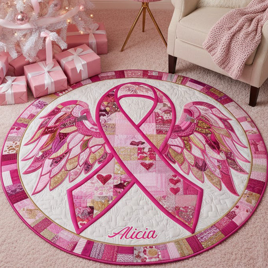 Tapis rond matelassé avec ruban rose pour la sensibilisation au cancer du sein - Personnalisé