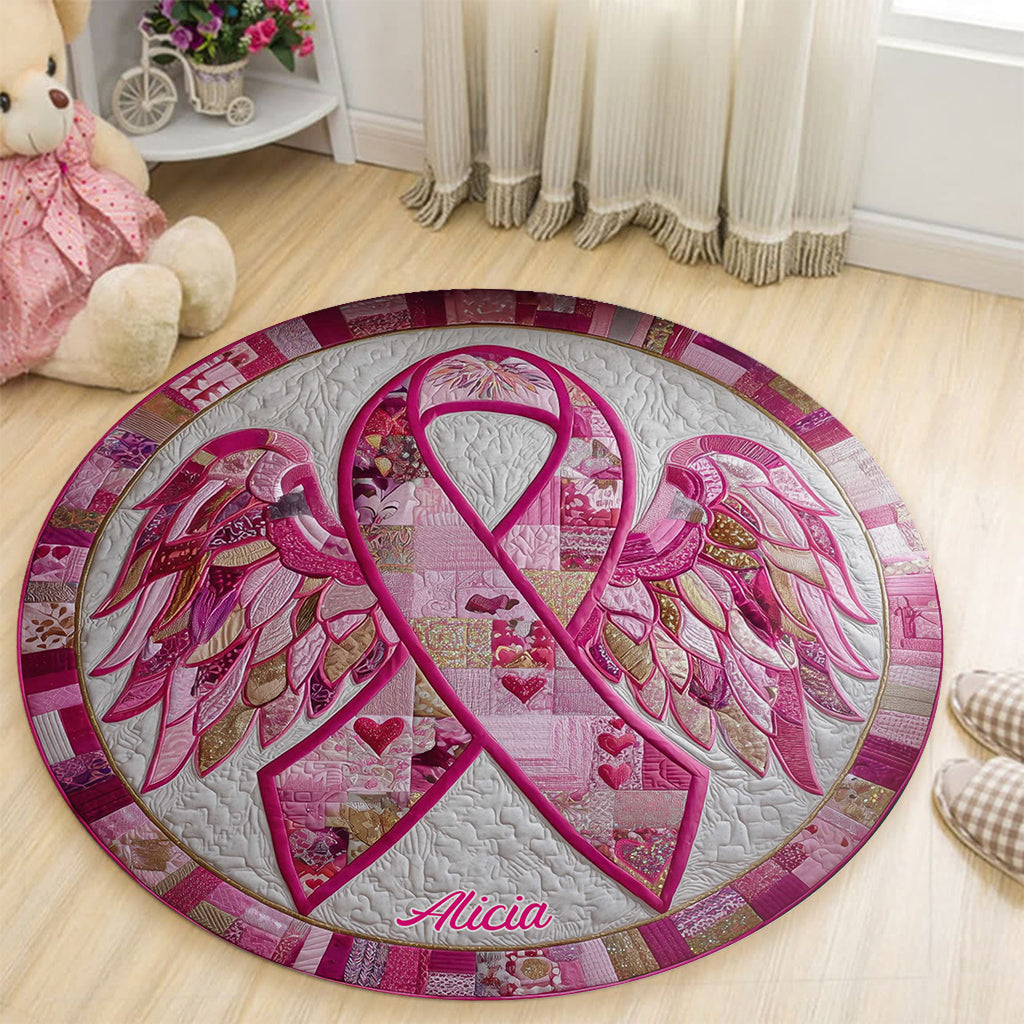 Tapis rond matelassé avec ruban rose pour la sensibilisation au cancer du sein - Personnalisé