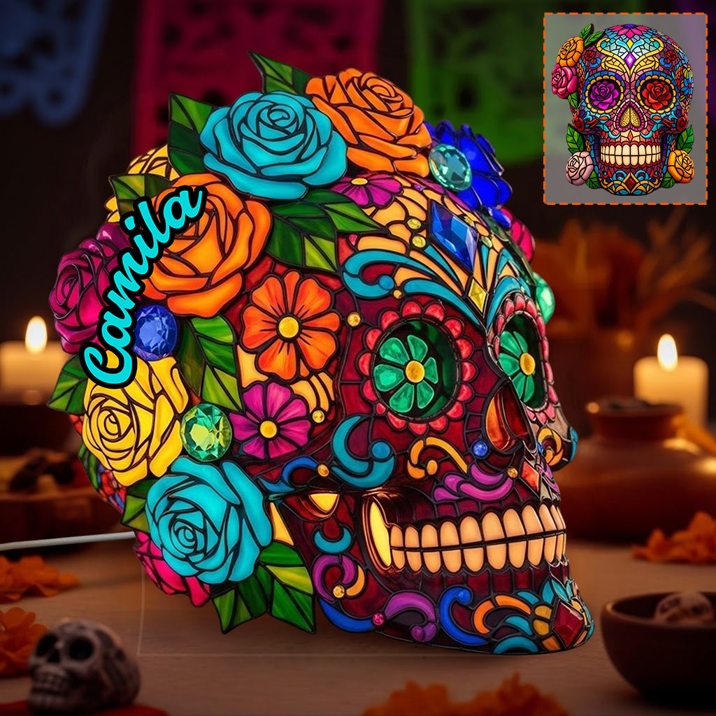 Wunderschöner Zuckerschädel – Personalisierte Totenkopf-LED-Nachtleuchte aus Acryl