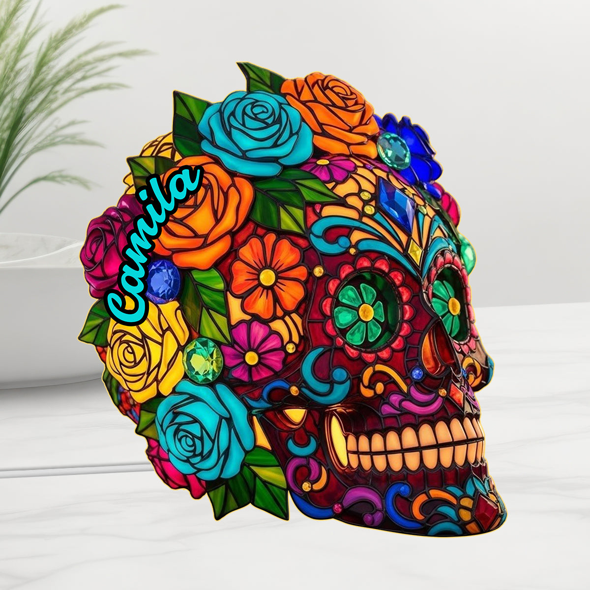 Wunderschöner Zuckerschädel – Personalisierte Totenkopf-LED-Nachtleuchte aus Acryl