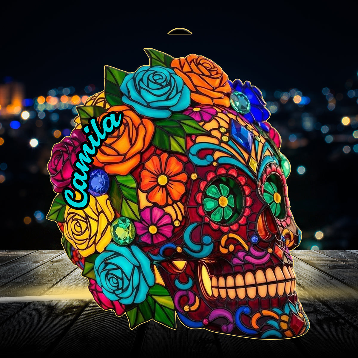 Wunderschöner Zuckerschädel – Personalisierte Totenkopf-LED-Nachtleuchte aus Acryl