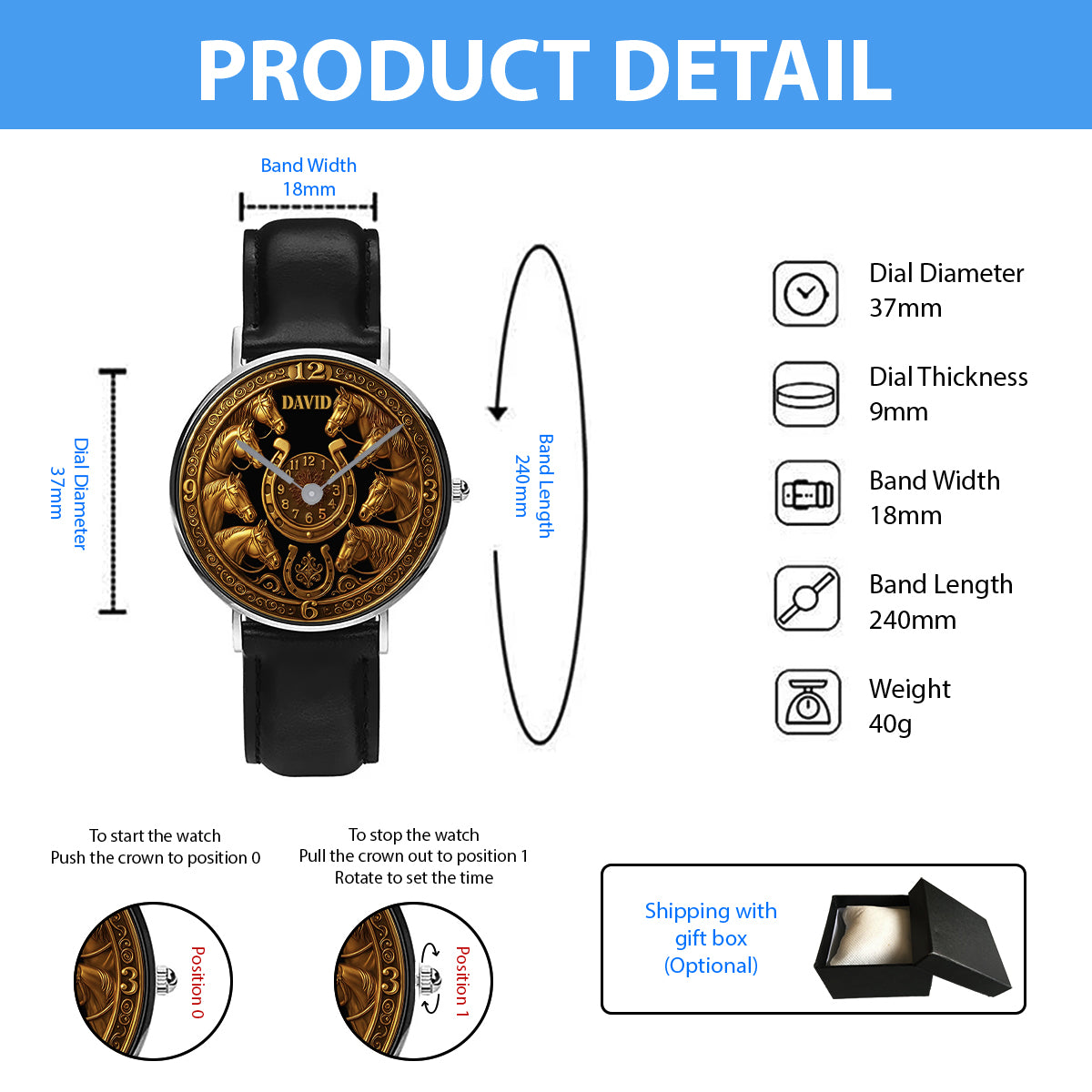 Golden Horse - Montre-bracelet personnalisée à motif cheval
